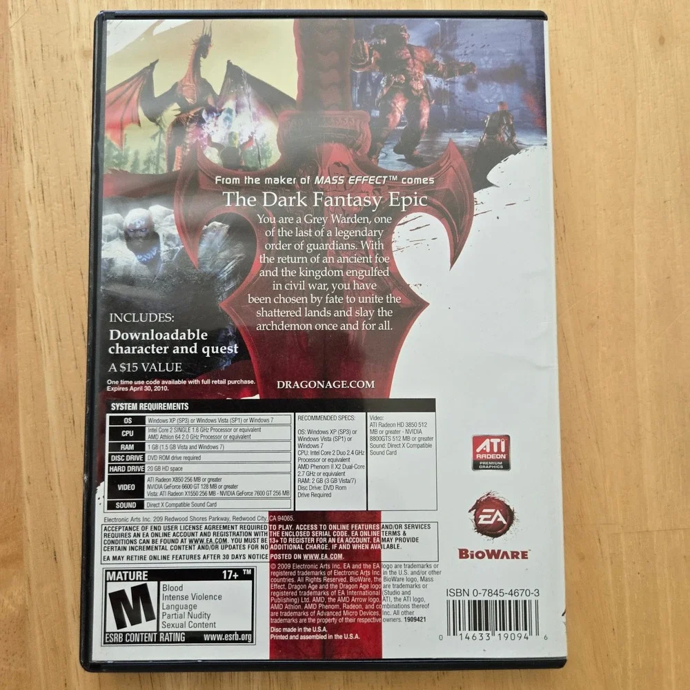 Dragon Age Origins PC DVD-ROM BioWare EA Dark Fantasy RPG Game Manual